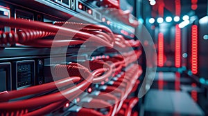 The Server Rack with Red Cables.AI generated image