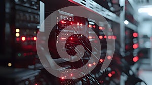 Server Rack with Red Lights and Cables   Data Center Technology