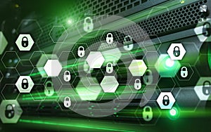 Server rack room digital security data protection concept.