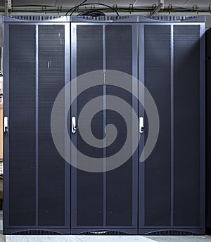 Server rack with three blue servers. Server farm, data center. Concept GDPR, RGPD, DSGVO concept illustration. General Data photo