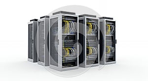 Server Racks Array in Data Center on White Background for Cloud Computing and Network Infrastructure Solution