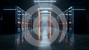 Server Racks and Cabinets full of Hard Drives inside Large Data Center. Advanced Cloud Computing Concept. AI-powered data center