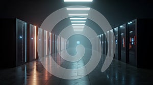 Server Racks and Cabinets full of Hard Drives inside Large Data Center. Advanced Cloud Computing Concept. AI-powered data center