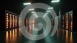 Server Racks and Cabinets full of Hard Drives inside Large Data Center. Advanced Cloud Computing Concept. AI-powered data center