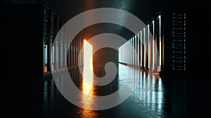 Server Racks and Cabinets full of Hard Drives inside Large Data Center. Advanced Cloud Computing Concept. AI-powered data center