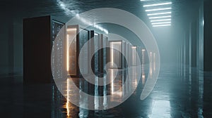 Server Racks and Cabinets full of Hard Drives inside Large Data Center. Advanced Cloud Computing Concept. AI-powered data center