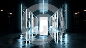 Server Racks and Cabinets full of Hard Drives inside Large Data Center. Advanced Cloud Computing Concept. AI-powered data center