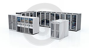 Server Racks Cloud Computing Technology Data Center in White Background Storage Network System Digital Infrastructure