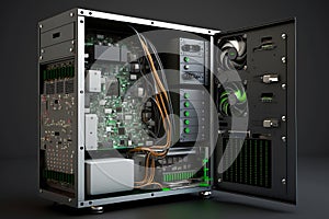 Server racks in computer network security server room data center. Big servers provides web hosting. Generative AI