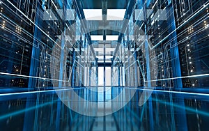 Server racks in computer network security server room data center, 3d rendering