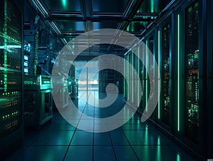 Server racks in computer network security server room data center. AI generative