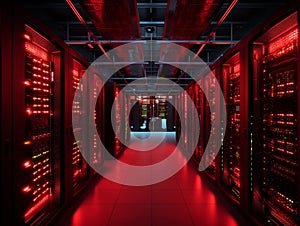 Server racks in computer network security server room data center. AI generative