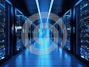 Server racks in computer network security server room data center. AI generative