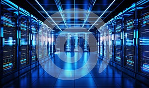 Server racks in computer network security server room data center. Artificial Intelligence.