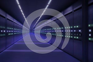 Server racks in computer network security server room data center., generative ai