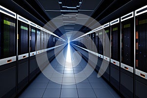 Server racks in computer network security server room data center., generative ai