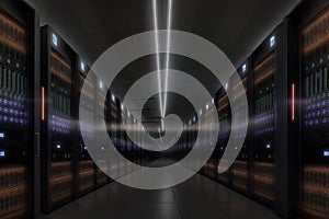 Server racks in computer network security server room data center., generative ai