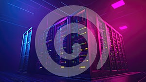 Server racks computing data transferring information in dark data center