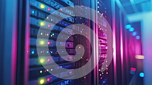 Server racks creating data center network infrastructure lights