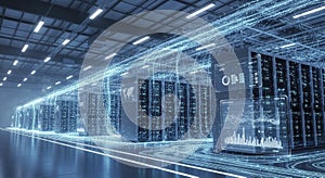 Data Center Servers with Glowing Data Streams