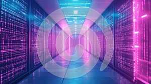 Server racks in data center with glowing lines