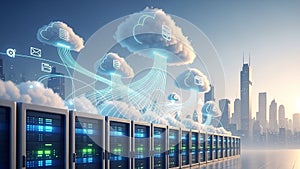 Server racks with data clouds and city skyline in the background cloud computing technology