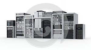 Server Racks and Data Storage Hardware Array on White Background System Information Processing Units with Cloud