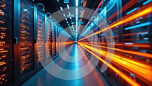 Server racks with data transfer flow lines. Digital information transfer in datacenter. Cloud computing, cyberspace, internet