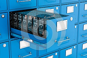 Server racks in filing cabinet. Data storage concept, 3D rendering