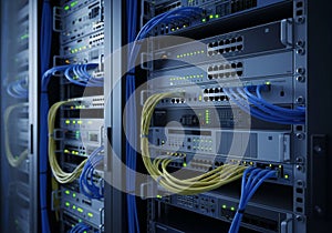 Server racks filled with networking equipment in a data center.