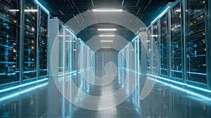 Server room with data racks storing cloud computing information