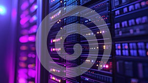 Server racks with glowing digital data flow. Big data network processing and storage