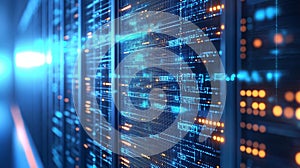 Server racks with glowing digital data flow. Big data network processing and storage