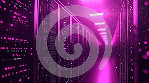 Server racks with glowing digital data flow. Big data network processing and storage