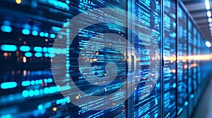 Server racks with glowing digital data flow. Big data network processing and storage