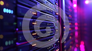 Server racks with glowing digital data flow. Big data network processing and storage