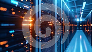 Server racks with glowing digital data flow. Big data network processing and storage