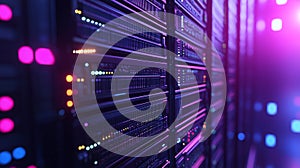 Server racks with glowing digital data flow. Big data network processing and storage