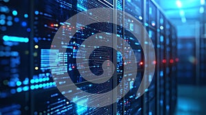 Server racks with glowing digital data flow. Big data network processing and storage