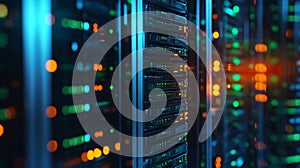 Server racks with glowing digital data flow. Big data network processing and storage