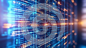 Server racks with glowing digital data flow. Big data network processing and storage