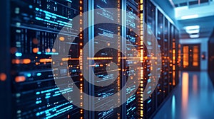 Server racks with glowing digital data flow. Big data network processing and storage