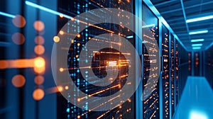 Server racks with glowing digital data flow. Big data network processing and storage