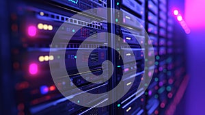 Server racks with glowing digital data flow. Big data network processing and storage