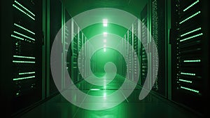 Server racks glowing green in a secure data center