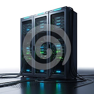 Server Racks with Glowing Lights and Cables in a Data Center technology computer