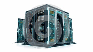 Server Racks Hosting Data on White Background Showcasing Cloud Computing