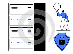 Secure Data Storage with Server Cabinets and Cybersecurity Concept