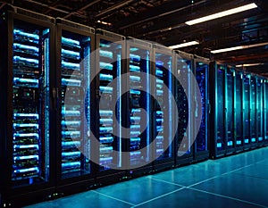 Server racks of a modern data center in a dark room with VFX effects. The concept of visualization of the Internet of
