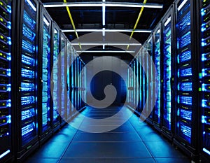 Server racks of a modern data center in a dark room with VFX effects. The concept of visualization of the Internet of